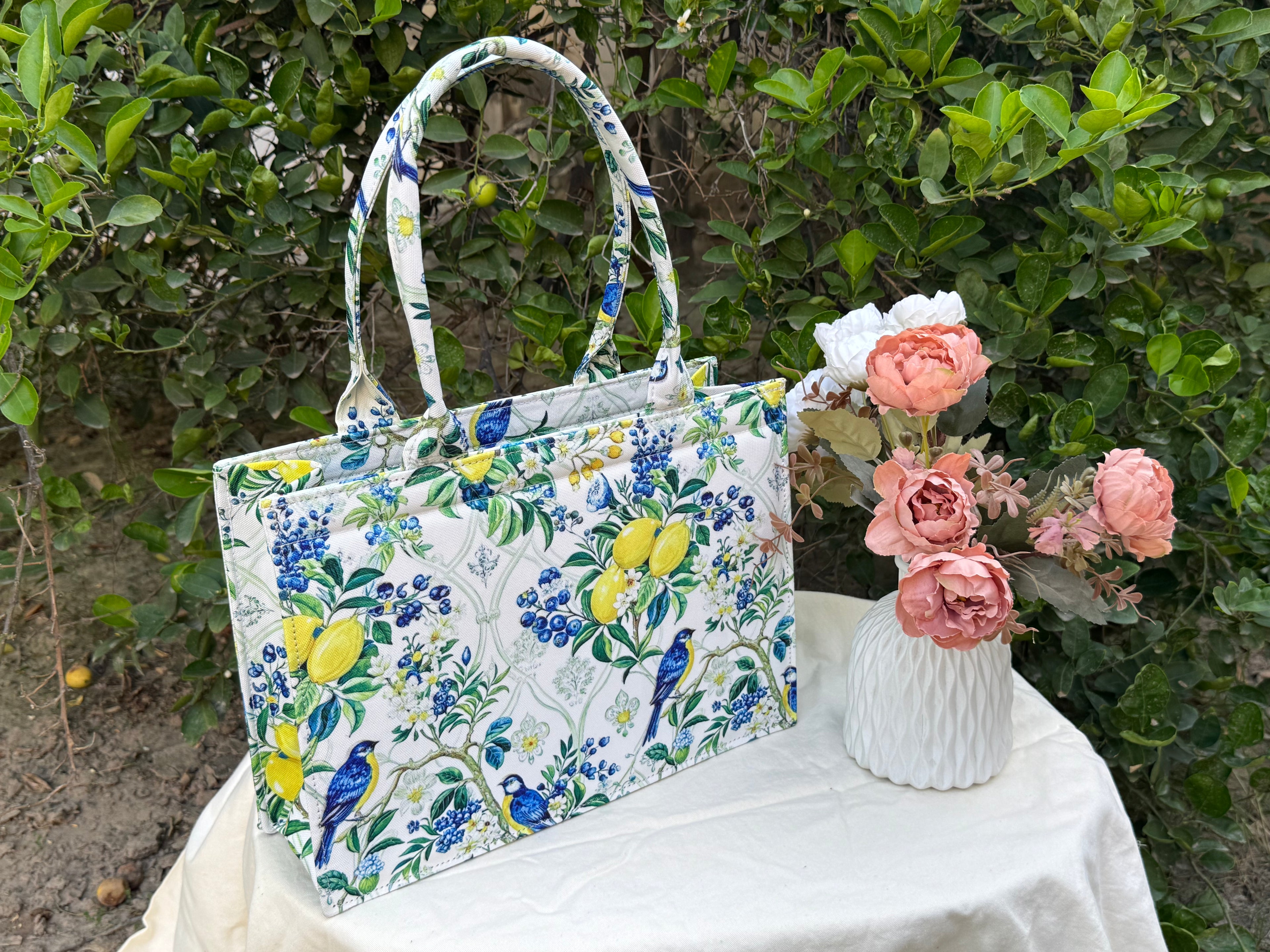Lemon Songbird Canvas Tote