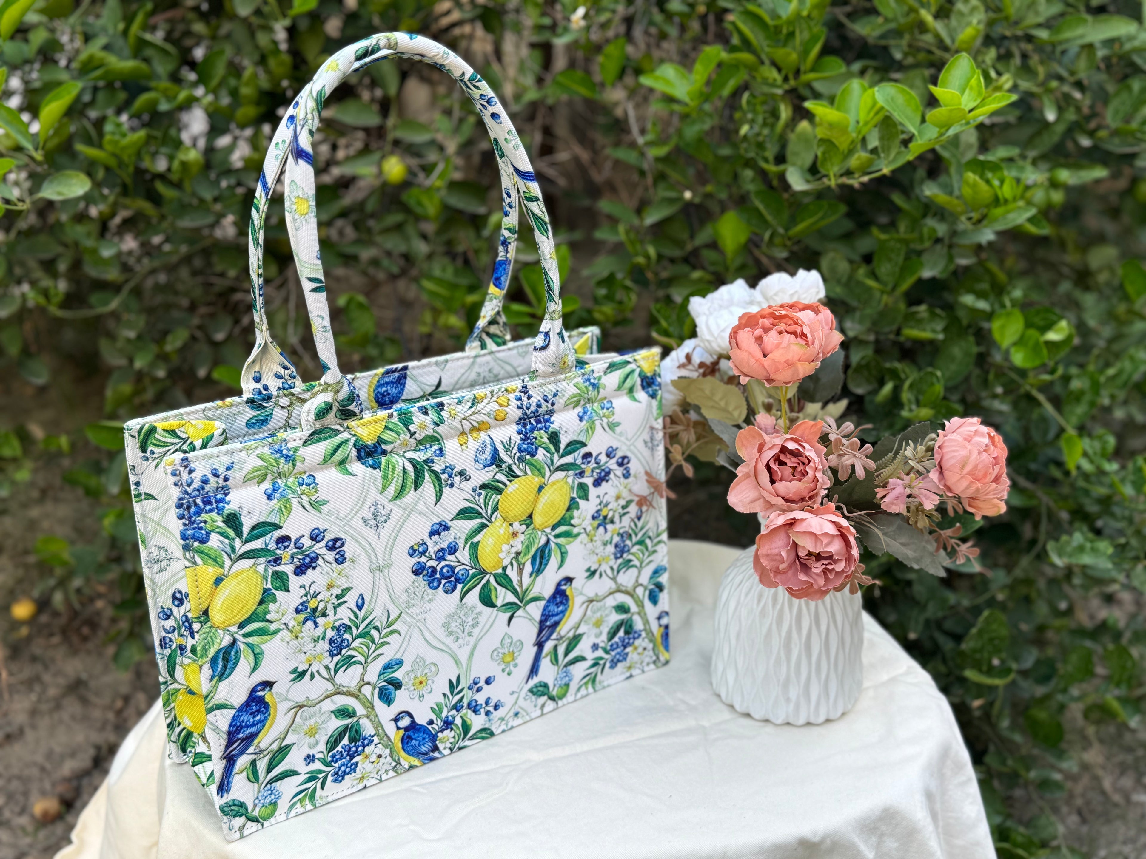 Lemon Songbird Canvas Tote